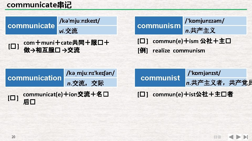 communicate串记 communicate /kə'mjuːnɪkeɪt/ vi. 交流 com＋muni＋cate共同＋服�＋ [� ] 做→相互服� →交流 communication [� ] 20