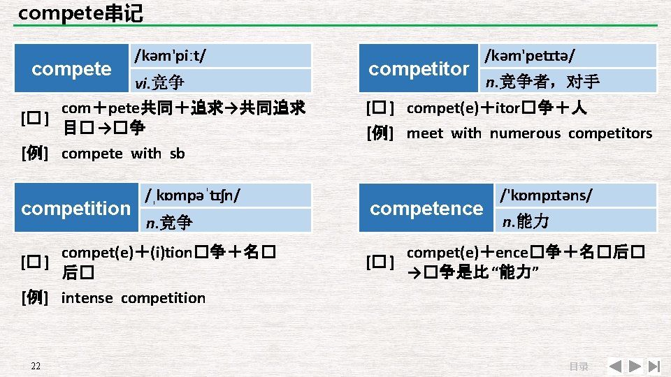 compete串记 compete /kəm'piːt/ vi. 竞争 com＋pete共同＋追求→共同追求 [� ] 目� →�争 [例] compete with sb