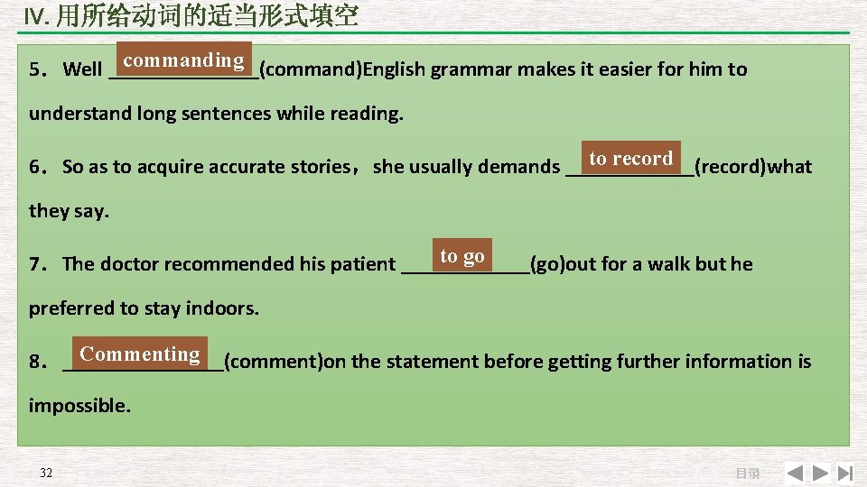 IV. 用所给动词的适当形式填空 commanding 5．Well _______(command)English grammar makes it easier for him to understand long