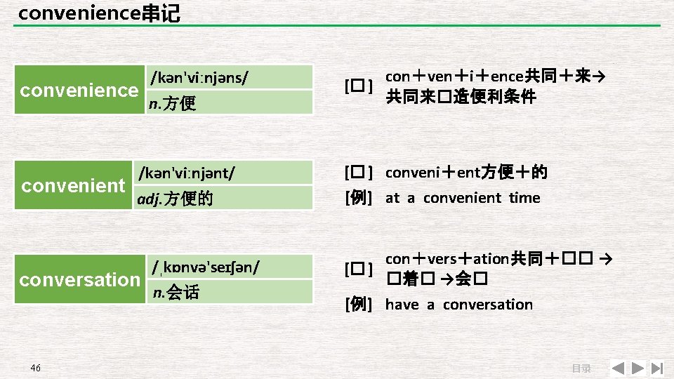 convenience串记 convenience convenient n. 方便 /kən'viːnjənt/ adj. 方便的 conversation 46 /kən'viːnjəns/ /ˌkɒnvə'seɪʃən/ n. 会话