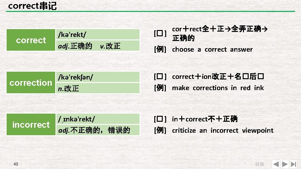 correct串记 correction incorrect 48 /kə'rekt/ adj. 正确的 v. 改正 /kə'rekʃən/ n. 改正 /ˌɪnkə'rekt/ adj.
