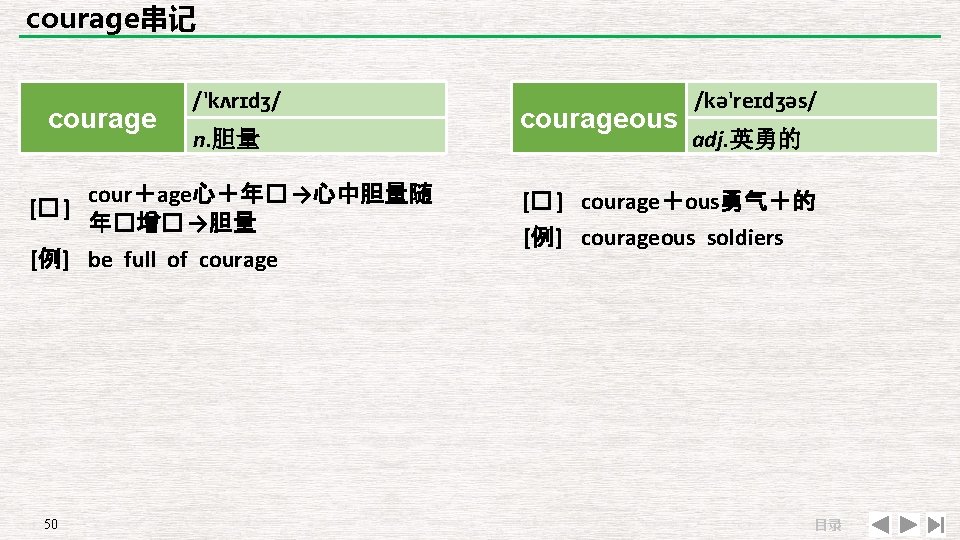 courage串记 courage /'kʌrɪdʒ/ n. 胆量 cour＋age心＋年� →心中胆量随 [� ] 年�增� →胆量 [例] be full