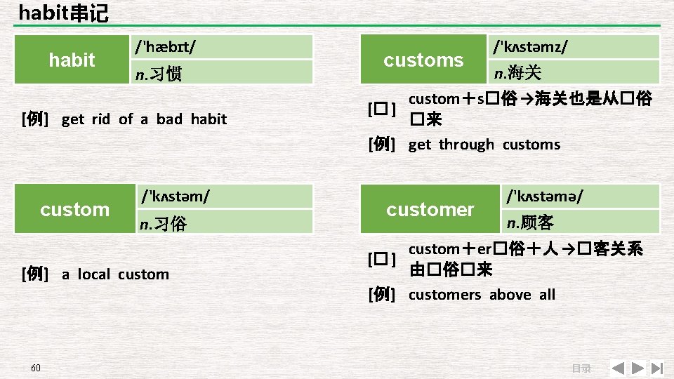 habit串记 habit /'hæbɪt/ n. 习惯 [例] get rid of a bad habit custom /'kʌstəm/