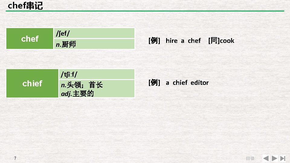 chef串记 chef chief 7 /ʃef/ n. 厨师 /tʃiːf/ n. 头领；首长 adj. 主要的 [例] hire