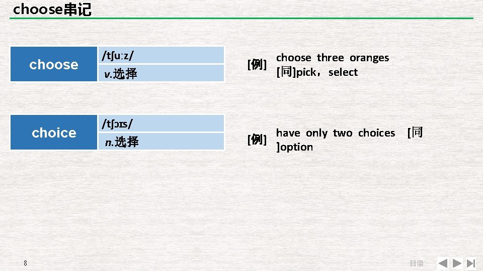 choose串记 choose choice 8 /tʃuːz/ v. 选择 /tʃɔɪs/ n. 选择 choose three oranges [例]