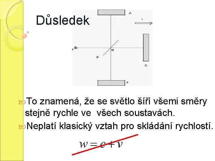 Důsledek To znamená, že se světlo šíří všemi směry stejně rychle ve všech soustavách.