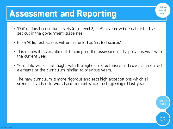 Assessment and Reporting click to see all text • ‘Old’ national curriculum levels (e. Assessment and Reporting click to see all text • ‘Old’ national curriculum levels (e.
