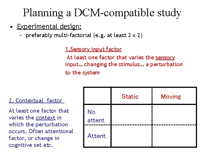 Planning a DCM-compatible study • Experimental design: – preferably multi-factorial (e. g. at least