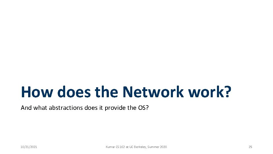 How does the Network? And what abstractions does it provide the OS? 10/21/2021 Kumar