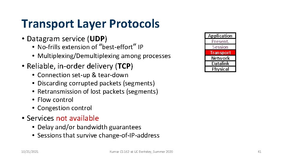 Transport Layer Protocols • Datagram service (UDP) • No-frills extension of “best-effort” IP •