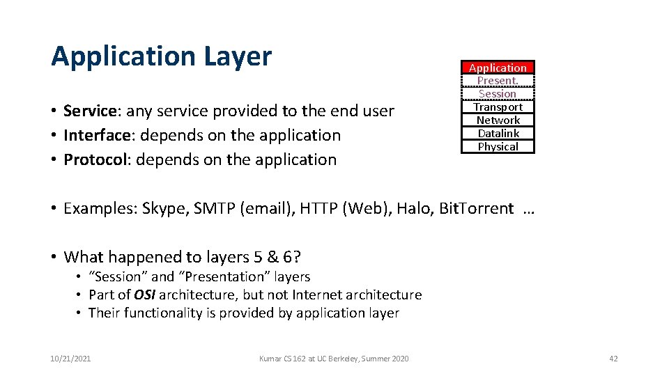 Application Layer • Service: any service provided to the end user • Interface: depends