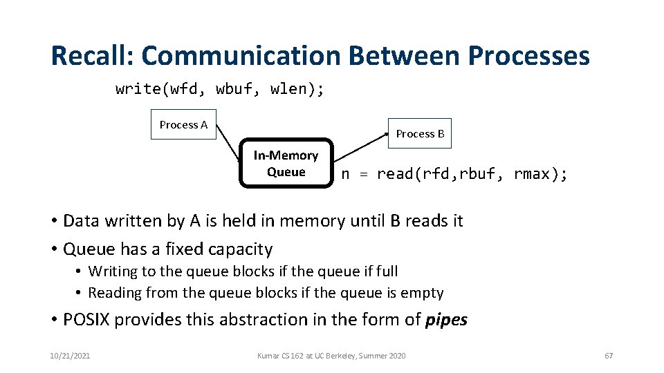 Recall: Communication Between Processes write(wfd, wbuf, wlen); Process A Process B In-Memory Queue n