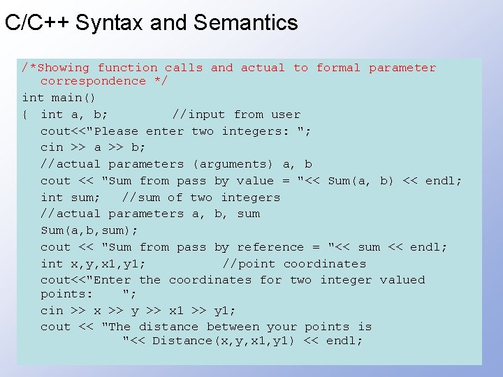 C/C++ Syntax and Semantics /*Showing function calls and actual to formal parameter correspondence */