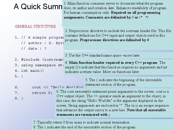 1. Main function comment serves to document what the program does, its author and