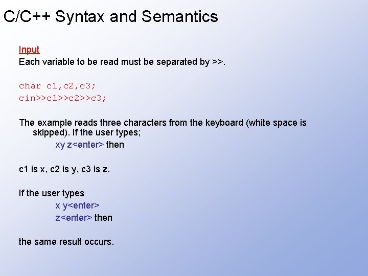 C/C++ Syntax and Semantics Input Each variable to be read must be separated by