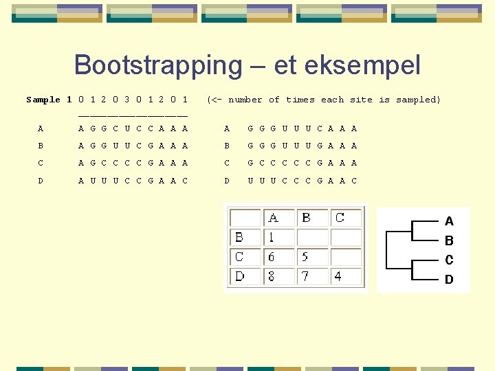 Bootstrapping – et eksempel Sample 1 0 1 2 0 3 0 1 2