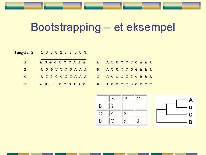 Bootstrapping – et eksempel Sample 2 A 1 0 0 0 2 2 2