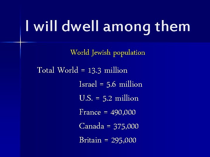 I will dwell among them World Jewish population Total World = 13. 3 million