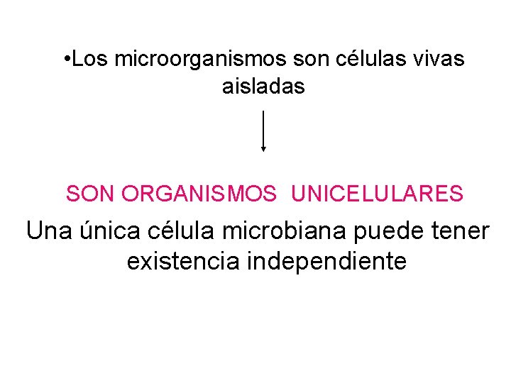  • Los microorganismos son células vivas aisladas SON ORGANISMOS UNICELULARES Una única célula