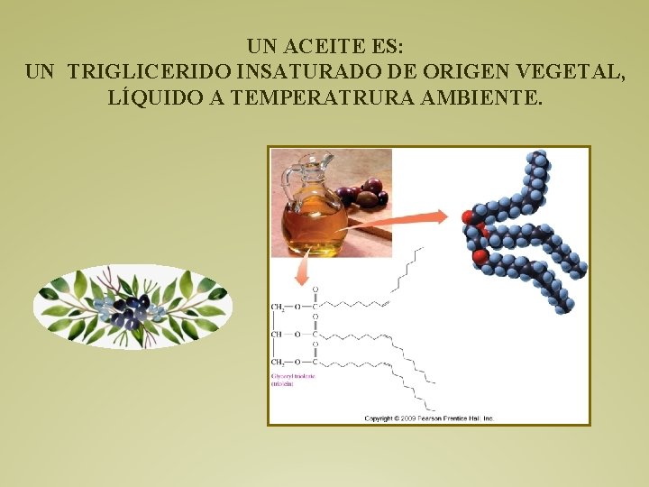 UN ACEITE ES: UN TRIGLICERIDO INSATURADO DE ORIGEN VEGETAL, LÍQUIDO A TEMPERATRURA AMBIENTE. 