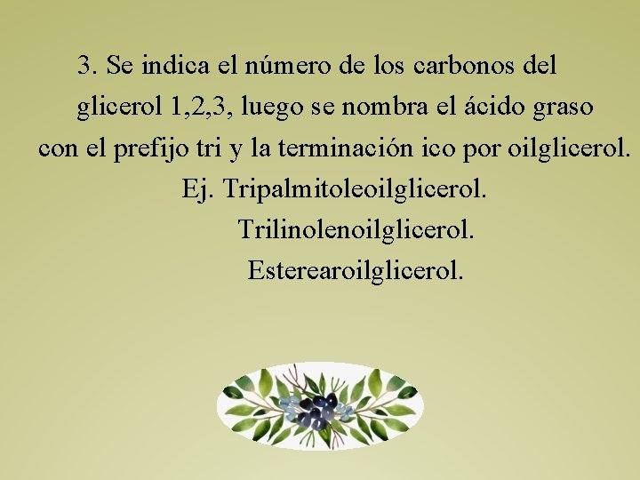 3. Se indica el número de los carbonos del glicerol 1, 2, 3, luego