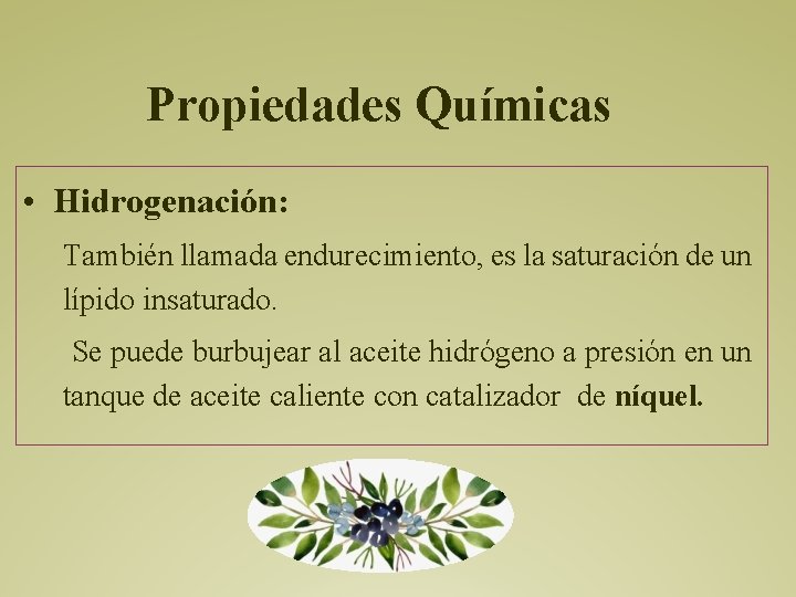 Propiedades Químicas • Hidrogenación: También llamada endurecimiento, es la saturación de un lípido insaturado.