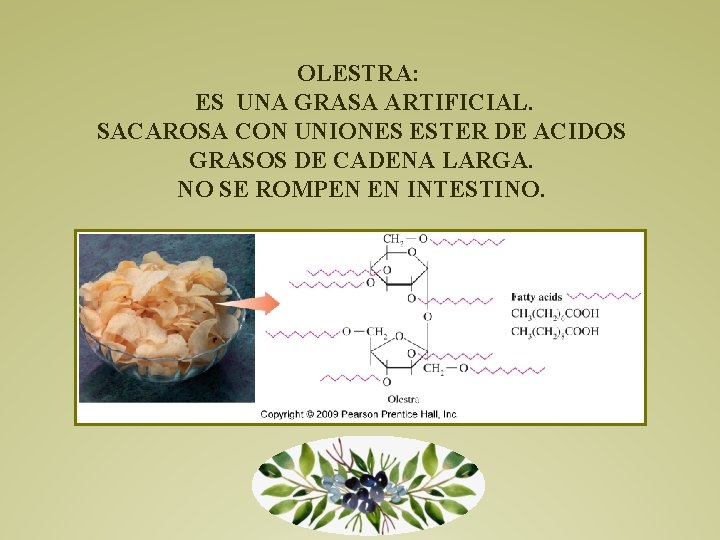 OLESTRA: ES UNA GRASA ARTIFICIAL. SACAROSA CON UNIONES ESTER DE ACIDOS GRASOS DE CADENA