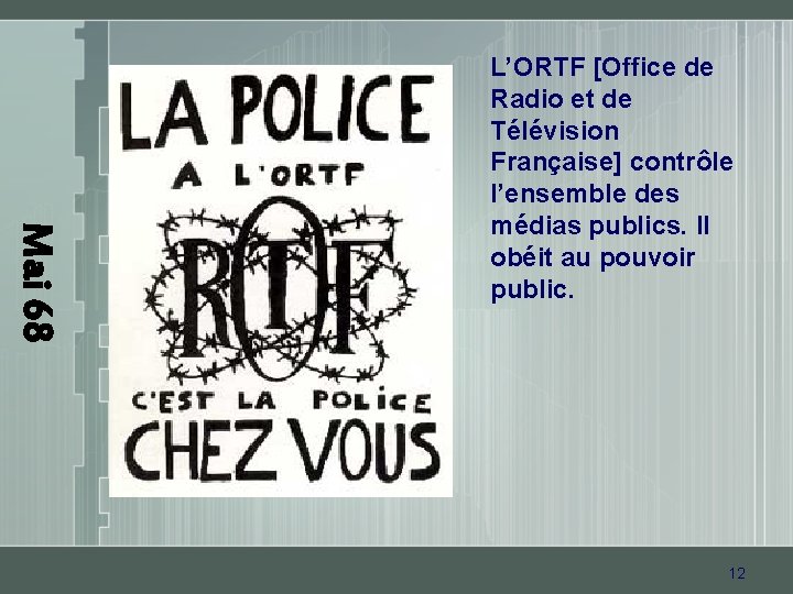 Mai 68 L’ORTF [Office de Radio et de Télévision Française] contrôle l’ensemble des médias