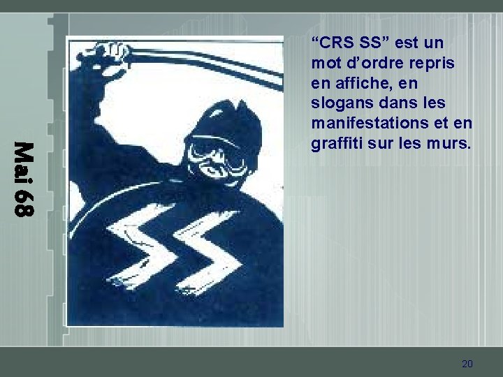 Mai 68 “CRS SS” est un mot d’ordre repris en affiche, en slogans dans