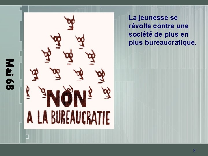 La jeunesse se révolte contre une société de plus en plus bureaucratique. Mai 68