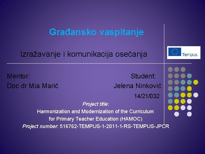 Građansko vaspitanje Izražavanje i komunikacija osećanja Mentor: Doc dr Mia Marić Student: Jelena Ninković