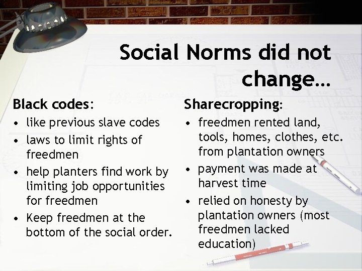 Social Norms did not change… Black codes: Sharecropping: • like previous slave codes •