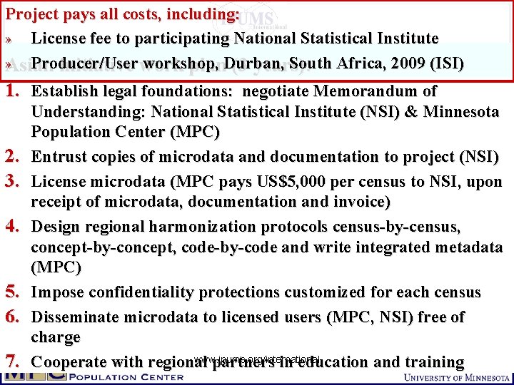 Project pays all costs, including: » License fee to participating National Statistical Institute »