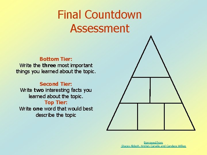 Final Countdown Assessment Bottom Tier: Write three most important things you learned about the