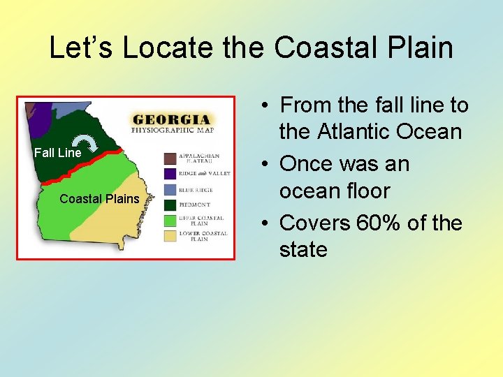 Let’s Locate the Coastal Plain Fall Line Coastal Plains • From the fall line