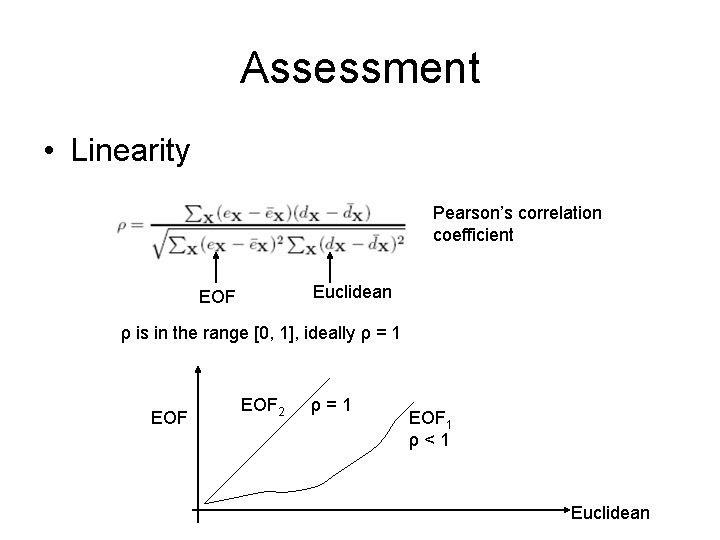 Assessment • Linearity Pearson’s correlation coefficient Euclidean EOF ρ is in the range [0,