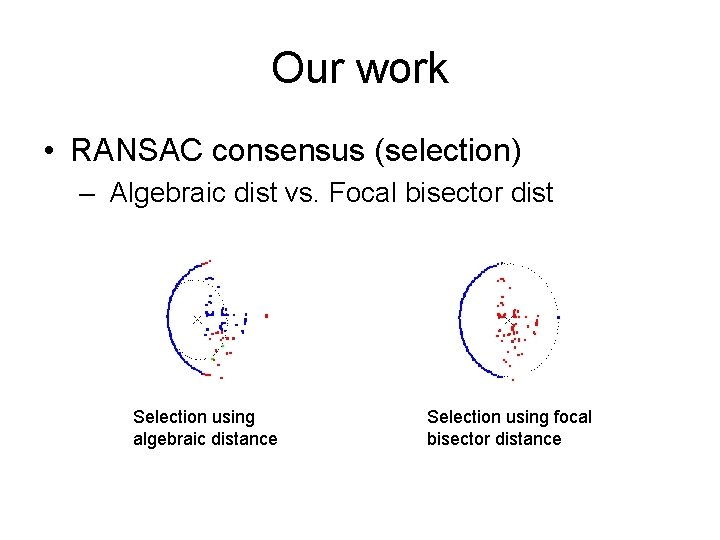 Our work • RANSAC consensus (selection) – Algebraic dist vs. Focal bisector dist Selection