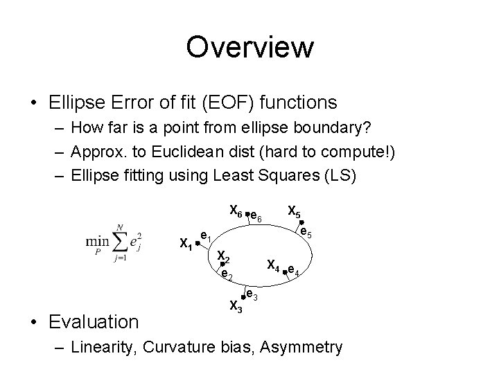 Overview • Ellipse Error of fit (EOF) functions – How far is a point