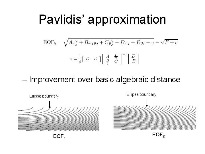 Pavlidis’ approximation – Improvement over basic algebraic distance Ellipse boundary EOF 1 Ellipse boundary