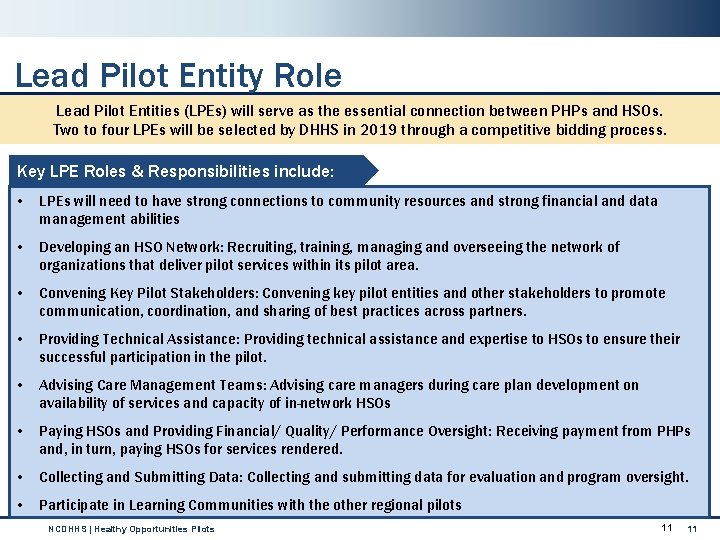 Lead Pilot Entity Role Lead Pilot Entities (LPEs) will serve as the essential connection