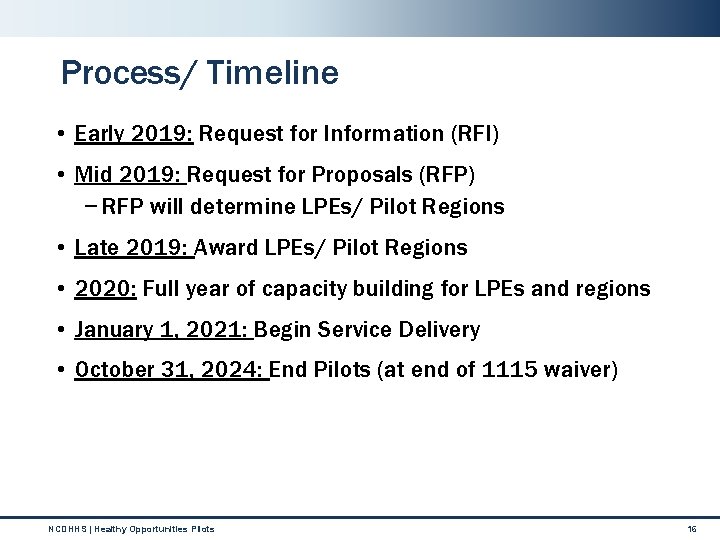 Process/ Timeline • Early 2019: Request for Information (RFI) • Mid 2019: Request for