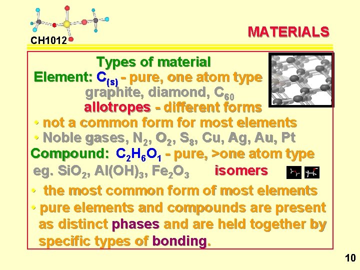 CH 1012 MATERIALS Types of material Element: C(s) - pure, one atom type graphite,