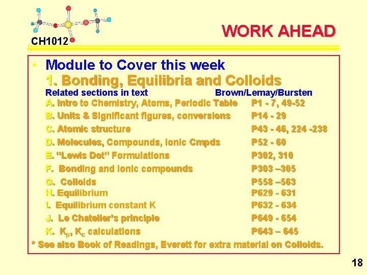 CH 1012 WORK AHEAD • Module to Cover this week 1. Bonding, Equilibria and