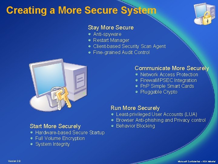 Creating a More Secure System Stay More Secure Anti-spyware Restart Manager Client-based Security Scan