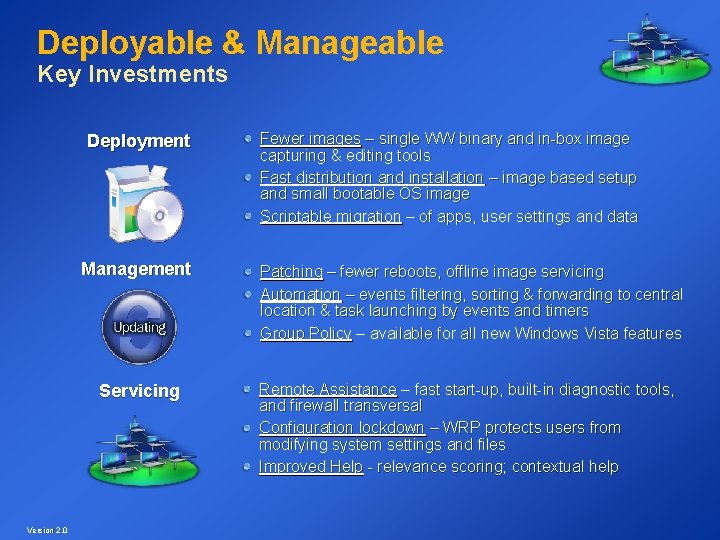 Deployable & Manageable Key Investments Deployment Management Servicing Version 2. 0 Fewer images –