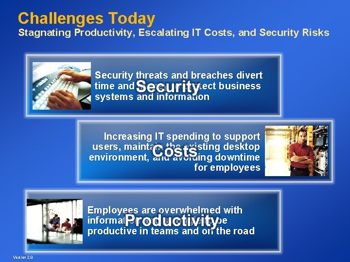 Challenges Today Stagnating Productivity, Escalating IT Costs, and Security Risks Security threats and breaches