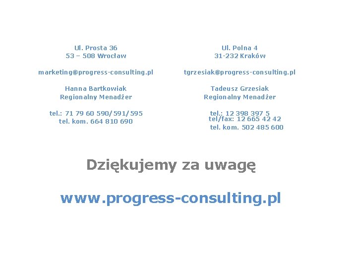 Ul. Prosta 36 53 – 508 Wrocław Ul. Polna 4 31 -232 Kraków marketing@progress-consulting.