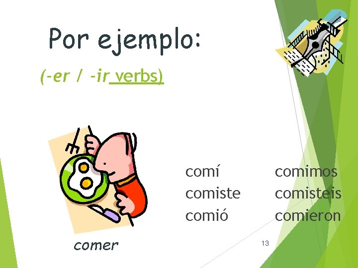 Por ejemplo: (-er / -ir verbs) comí comiste comió comer comimos comisteis comieron 13