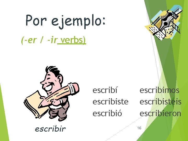 Por ejemplo: (-er / -ir verbs) escribí escribiste escribió escribir escribimos escribisteis escribieron 16