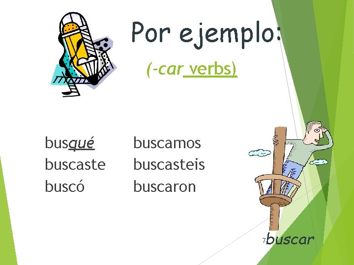 Por ejemplo: (-car verbs) busqué buscaste buscó buscamos buscasteis buscaron buscar 7 